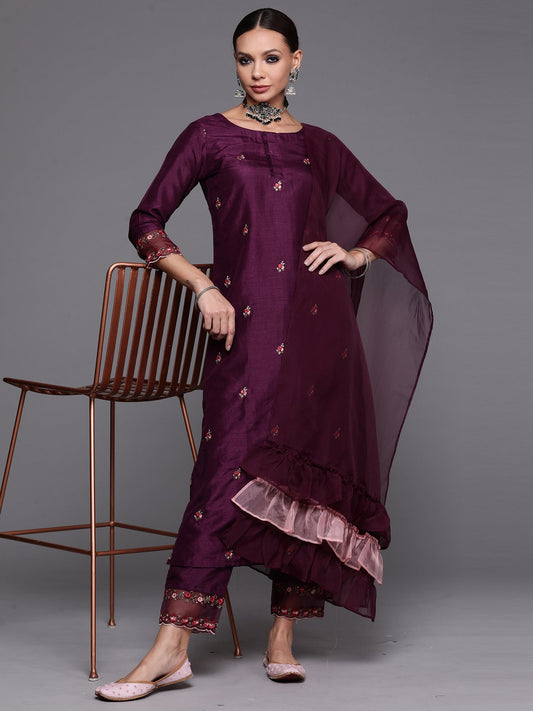 Women Purple Embroidered Straight Kurta Trouser With Dupatta Set