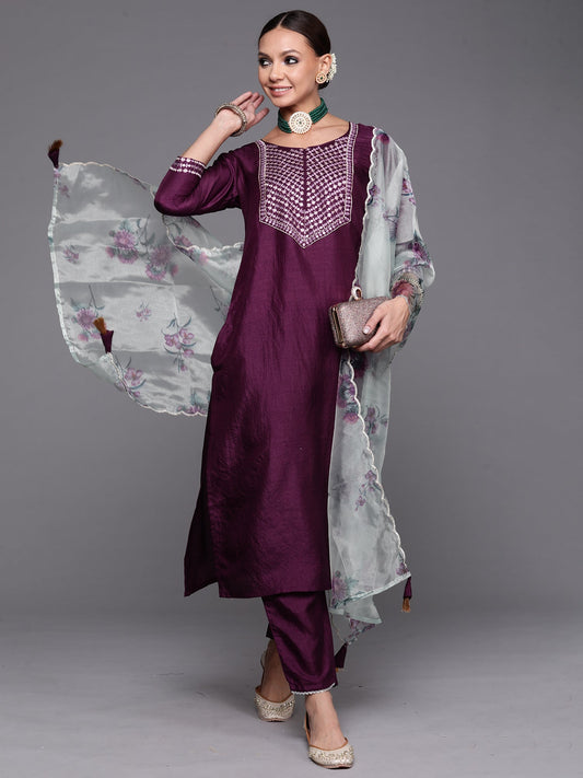 Women Purple Solid Straight Kurta Trouser With Dupatta Set