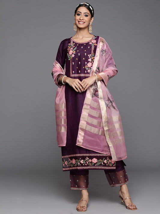 Women Purple Embroidered Straight Kurta Trouser With Dupatta Set