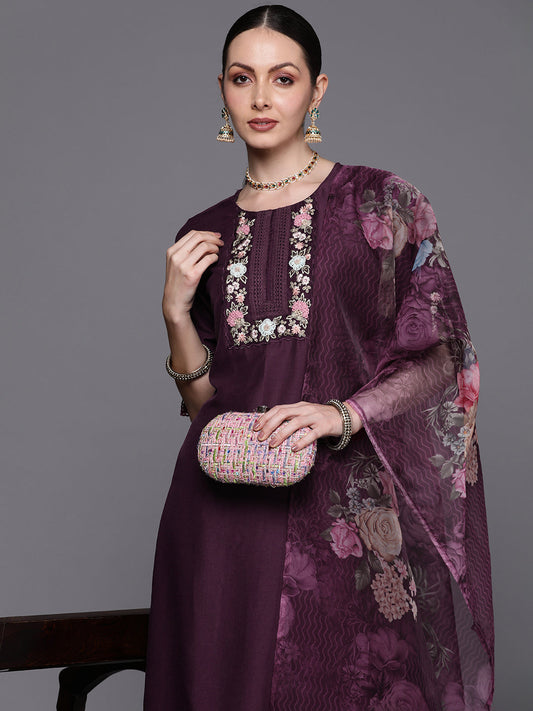 Women Purple Embroidered Straight Kurta Trousers With Dupatta  Set