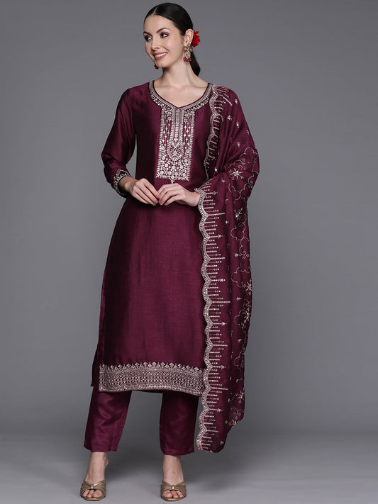 Women Burgundy Embroidered Straight Kurta Trousers With Dupatta Set