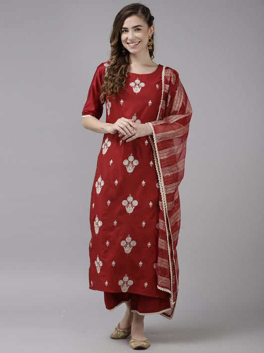 Women Red Embroidered Straight Kurta Palazzo With Dupatta Set