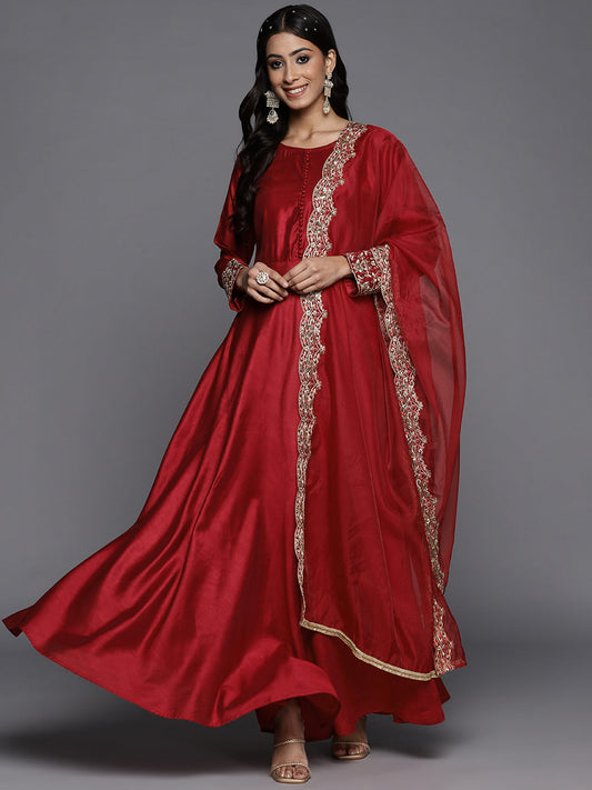 Women Red Solid A-Line Kurta Trousers With Dupatta Set