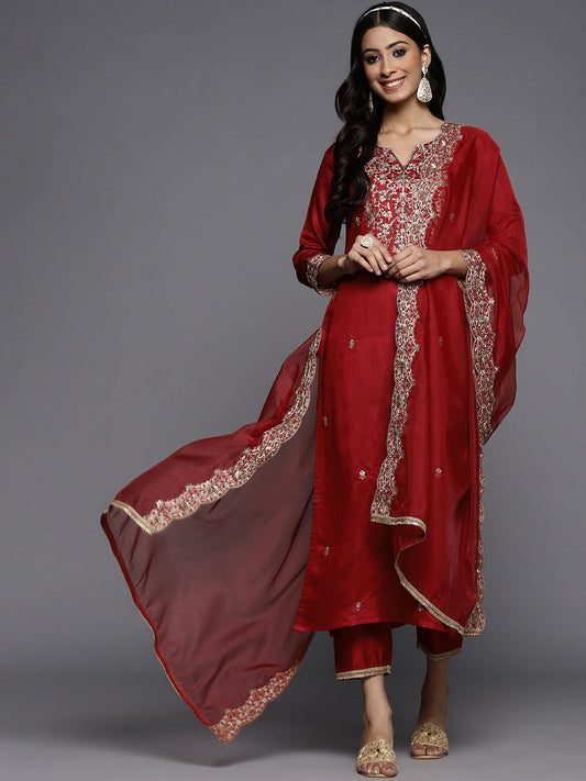 Women Red Embroidered Straight Kurta Palazzos With Dupatta Set