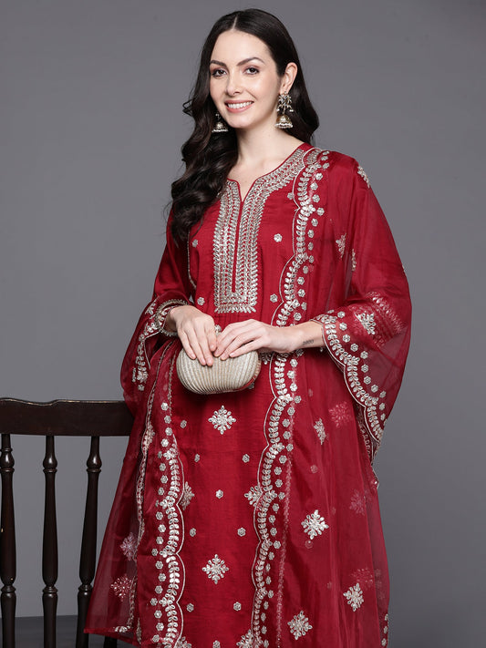 Women Red Embroidered Straight Kurta Trousers With Dupatta Set