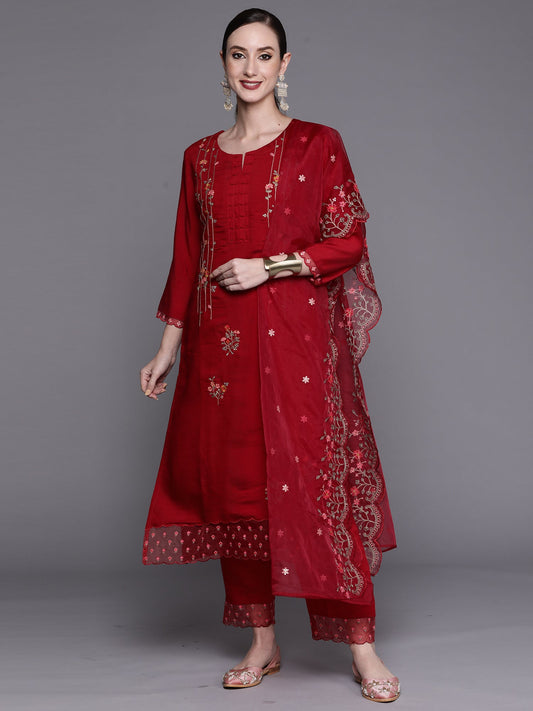 Women Red Embroidered Straight Kurta Trousers With Dupatta Set