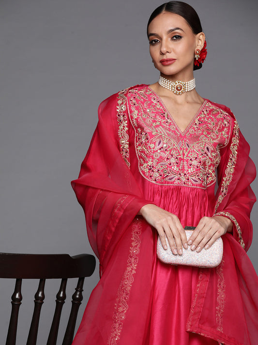 Women Rani Pink Embroidered A-Line Kurta Palazzo With Dupatta Set