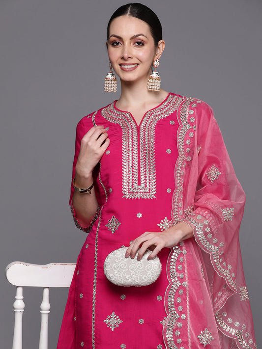 Women Pink Embroidered Straight Kurta Trousers With Dupatta  Set