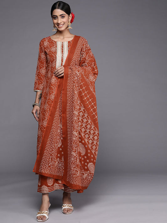 Women Rust Printed Straight Kurta Palazzo With Dupatta Set