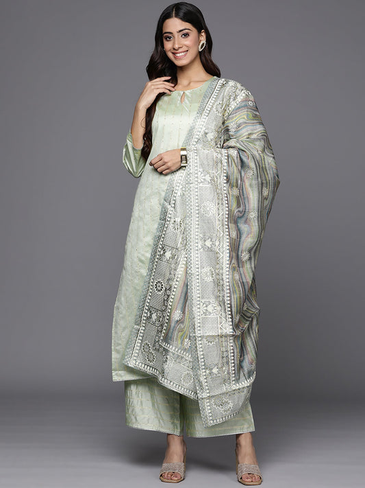 Women Striped Sequinned Liva Kurta With Palazzos & With Dupatta