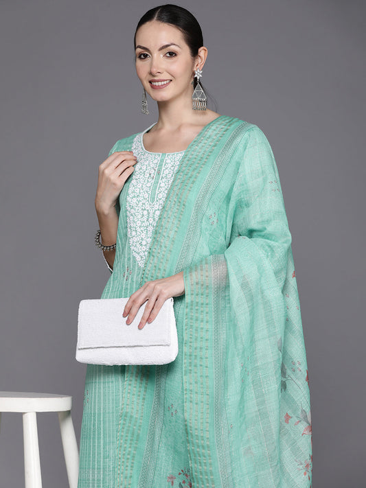 Women Sea Green Embroidered Straight Kurta Trousers With Dupatta Set