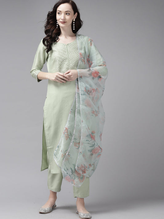 Women Embroidered Sea Green Straight Kurta Trouser With Dupatta Set