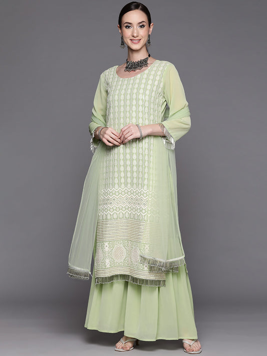 Women Sea Green Embroidered Straight Kurta Sharara With Dupatta Set