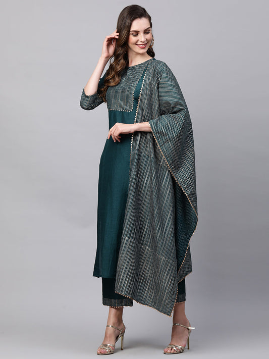 Women Teal Solid Straight Kurta Trouser With Dupatta Sets