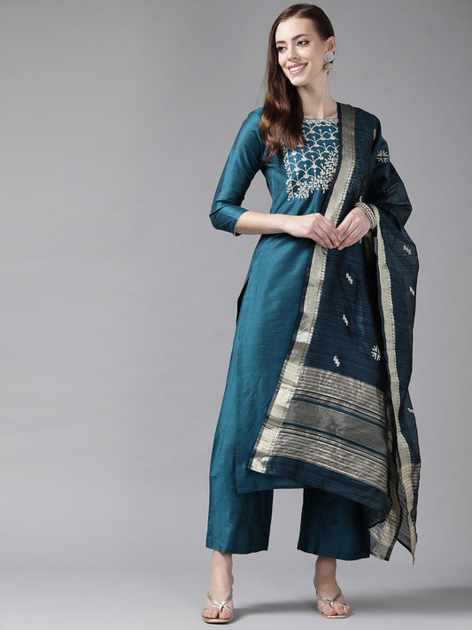 Women Teal Embroidered Straight Kurta Palazzo With Dupatta Set