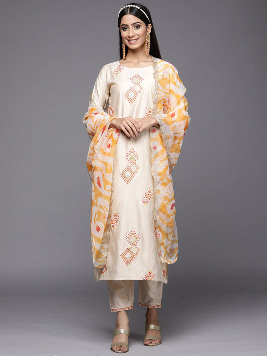 Women Kesariya White Embroidered Straight Kurta Trouser With Dupatta Set