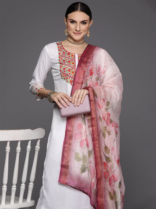 Women White Embroidered Straight Kurta Trousers With Dupatta Set