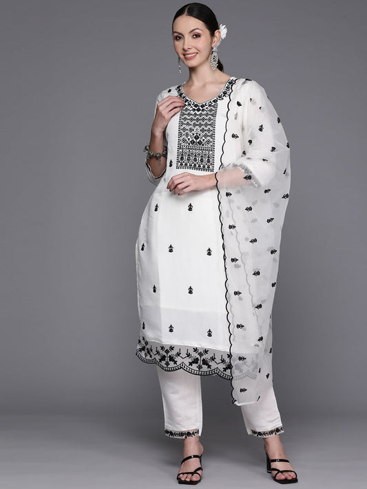 Women White Embroidered Straight Kurta Trousers With Dupatta Set