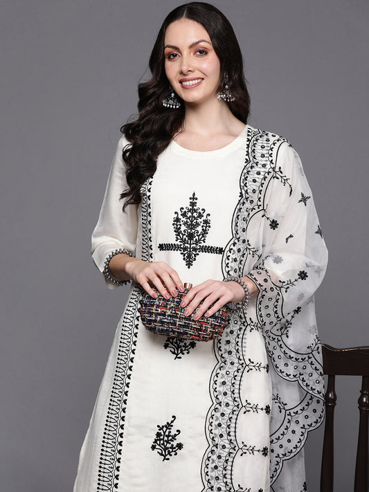 Women White Embroidered Straight Kurta Trousers With Dupatta  Set