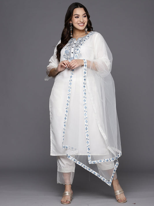 Women White Embroidered Straight Kurta Trousers With Dupatta Set