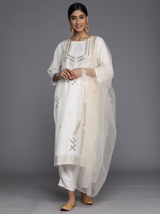 Women White Embroidered Straight Kurta Trousers With Dupatta Set