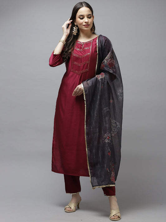 Women Wine Solid Straight Kurta Trouser With Dupatta Set