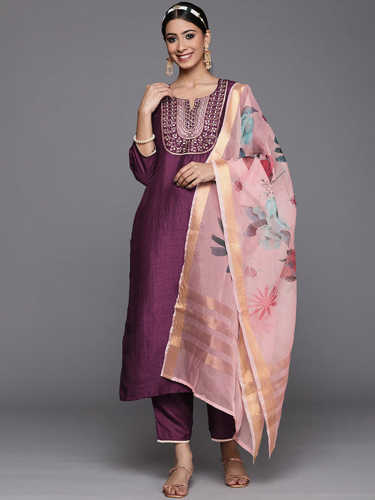 Women Wine Solid Straight Kurta Trouser With Dupatta Set