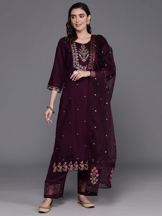 Women Burgundy Embroidered Straight Kurta Trousers With Dupatta Set