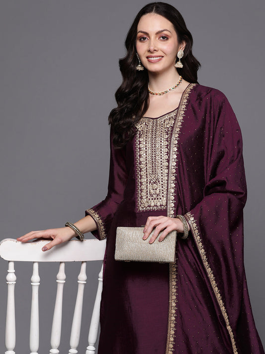 Women Wine Embroidered Straight Kurta Trousers With Dupatta Set