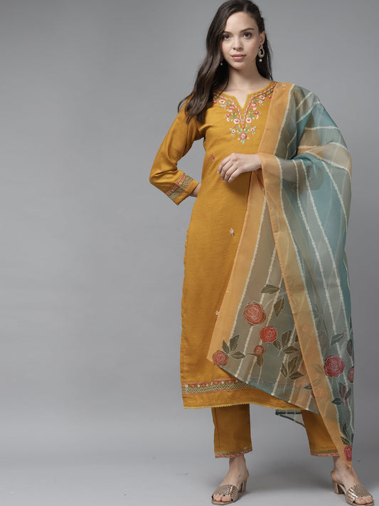 Women Yellow Floral Embroidered Straight Kurta Trouser With Dupatta Set