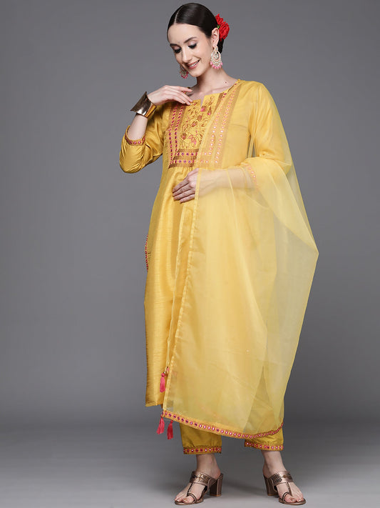 Women Yellow Embroidered Straight Kurta Trousers With Dupatta Set