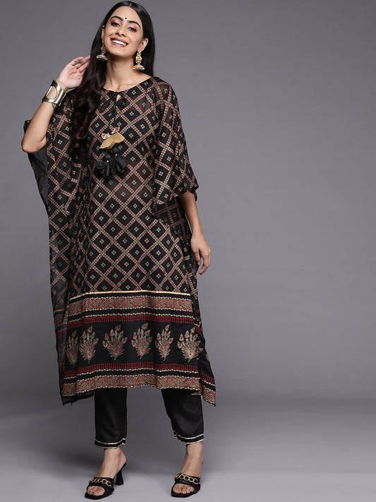 Women Black Foil Printed A-Line Kurta With Palazzo Set