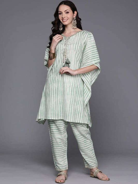 Women Green Printed Kaftan Kurta With Trousers Set