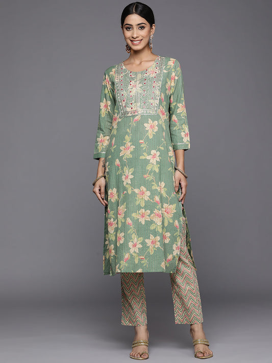 Women Green Printed Straight Kurta Trousers Set