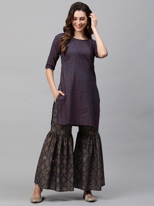 Women Navy Blue Printed Straight Kurta With Sharara Set