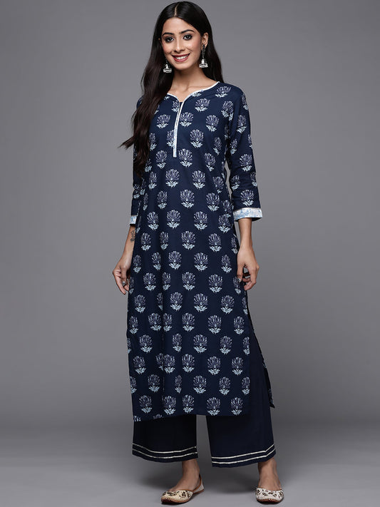 Women Navy Blue Solid Kurta Palazzo With Hand Made Dupatta Set Sets