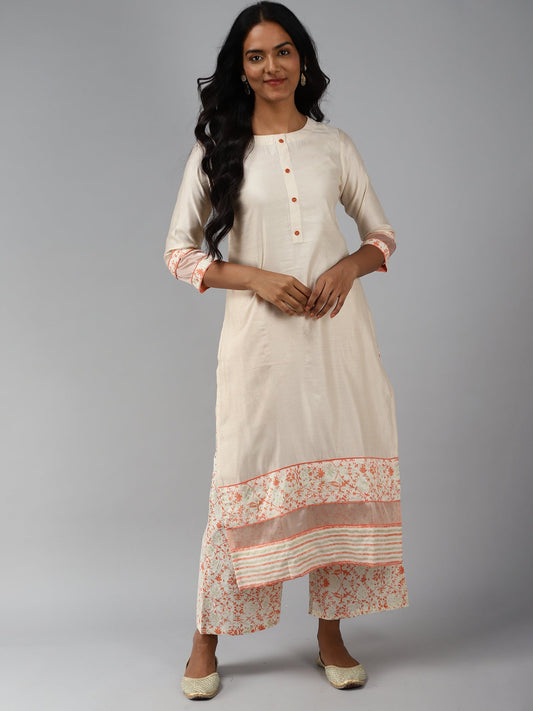 Women Off White Solid Kurta Palazzo Set