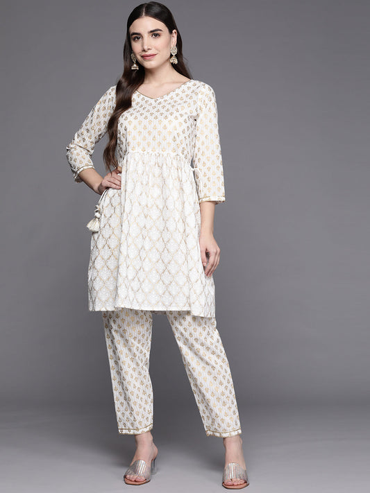 Women Off White Printed A-Line Kurta Trousers Set