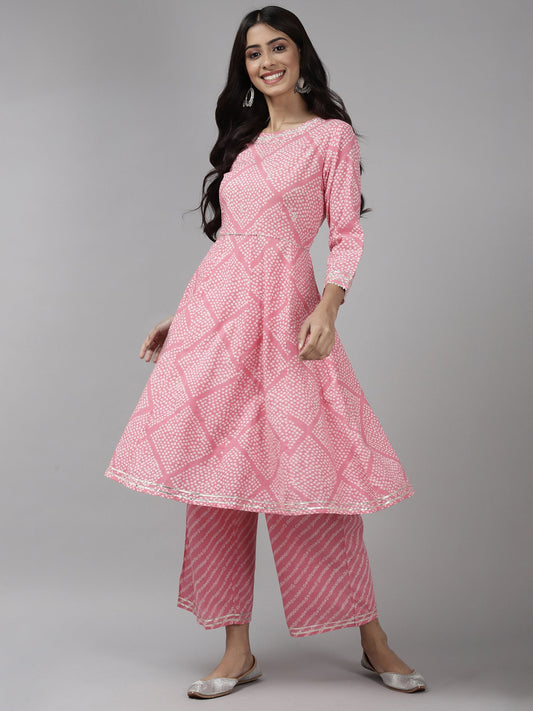 Women Pink Printed A - Line Kurta Palazzo With Embroidered Work