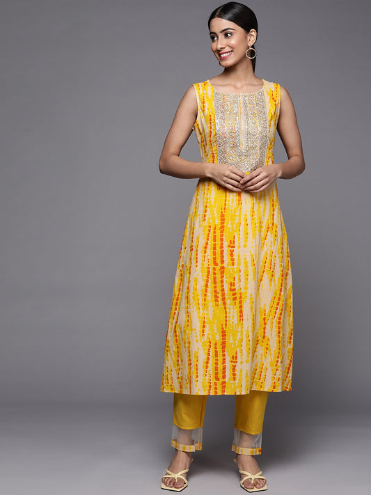 Women Yellow Tie & Dye A-Line Kurta Trouser Set