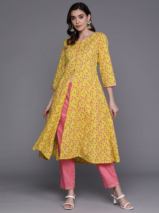 Women Yellow Printed A-Line Kurta Trousers Na Set