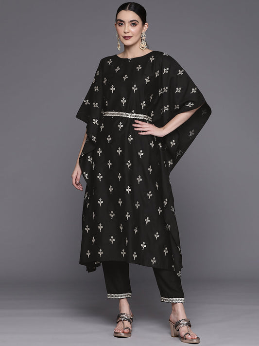 Women Black Embroidered Kaftan With Trousers Set