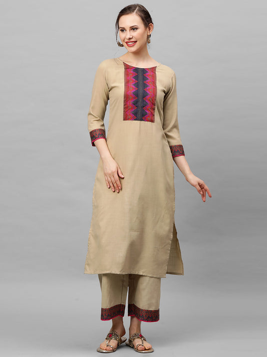 Women Beige Solid Straight Kurta With Palazzo Sets