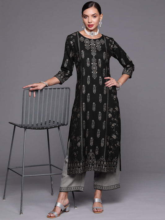 Women Black Foil Printed Straight Kurta With Palazzo Set