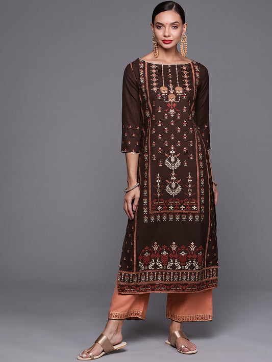 Women Brown Foil Printed Straight Kurta With Palazzo Set