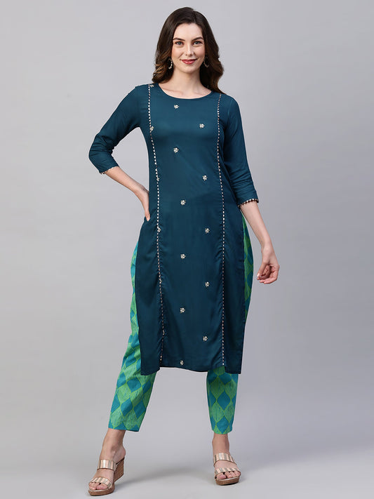 Women Teal Embroidered Straight Kurta With Printed Trouser Set