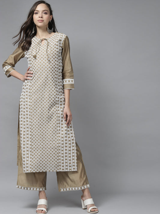 Women Brown Embroidered Straight Kurta With Palazzo Set