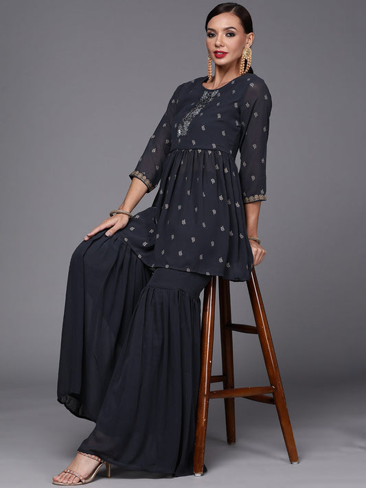 Women Grey Printed A-Line Kurta With Sharara Set