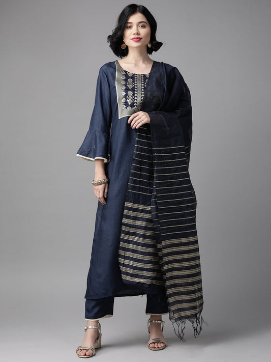 Women Navy Blue Solid Straight Kurta Trouser Set