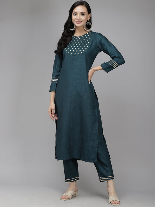 Women Teal Embroidered Straight Kurta With Trouser Set